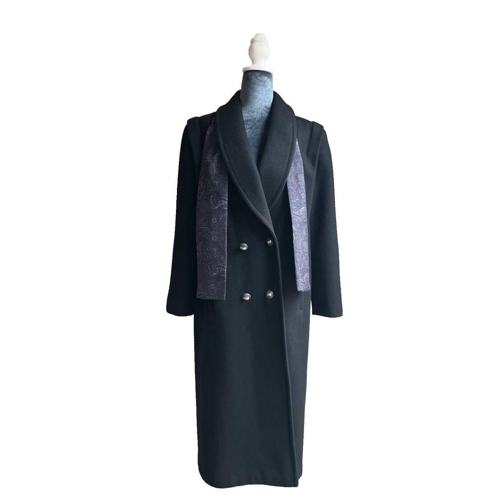 Vintage Jofeld Wool Blend Coat Womens 80s Black Double Breasted Long LG - XL